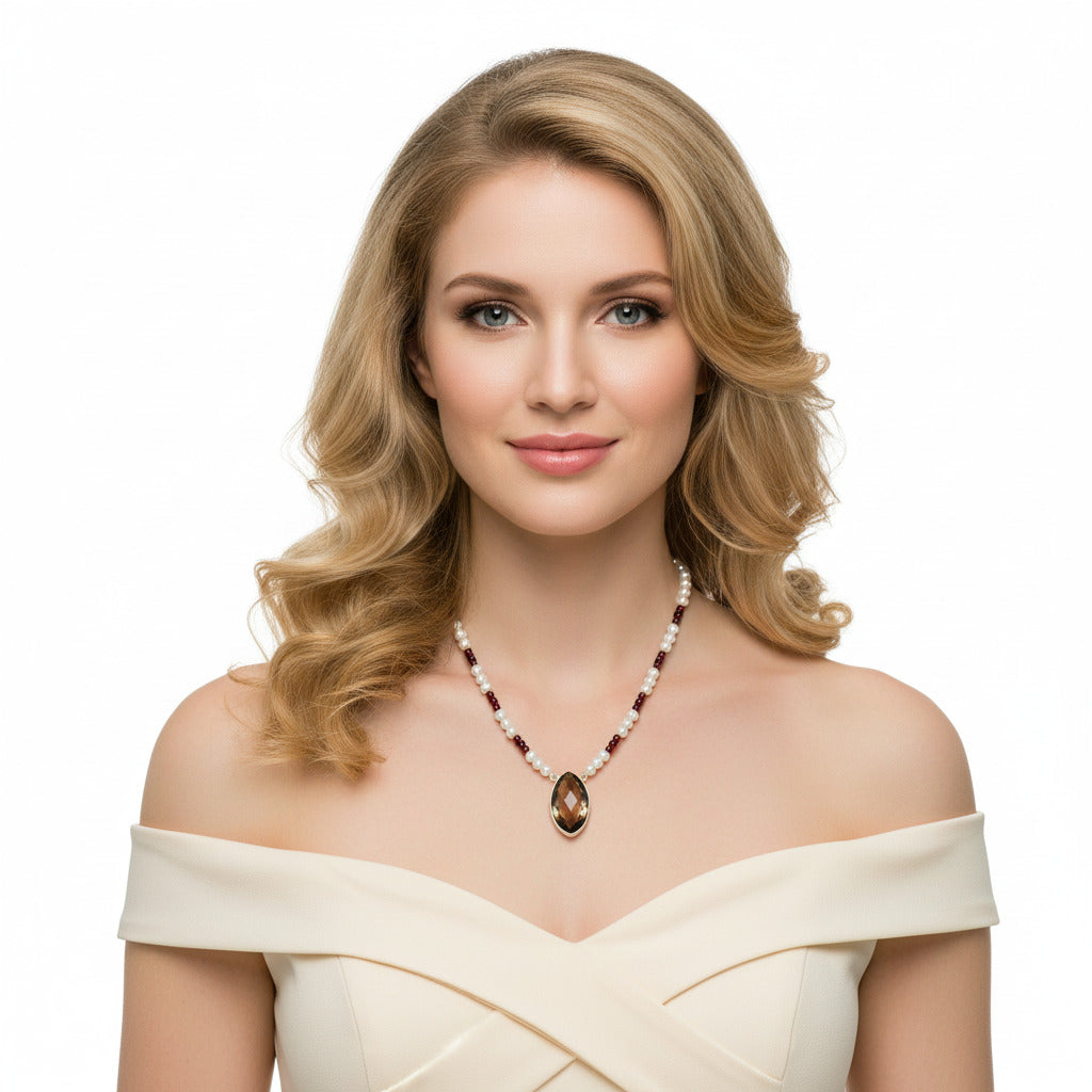 Premium Smoky Quartz Briolette, Coral & Pearl Beaded Necklace N-1027 17-EN10052