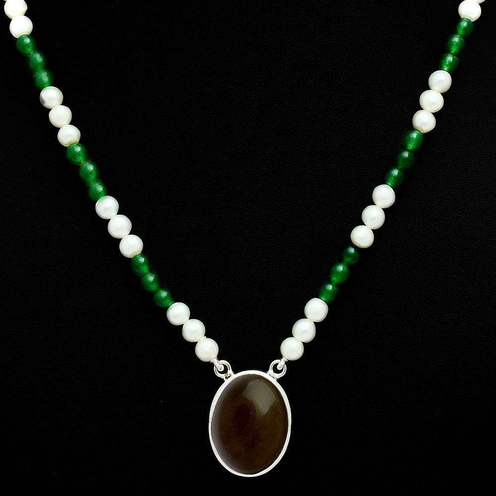 Premium Smoky Quartz Cab, Nephrite Jade, Pearl Beaded Necklace N-1027 17-EN10053