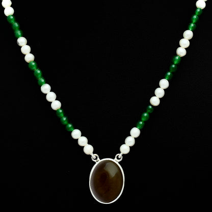 Premium Smoky Quartz Cab, Nephrite Jade, Pearl Beaded Necklace N-1027 17-EN10053