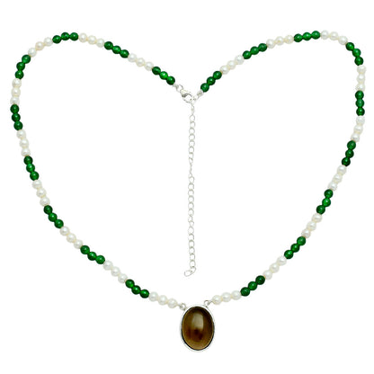 Premium Smoky Quartz Cab, Nephrite Jade, Pearl Beaded Necklace N-1027 17-EN10053
