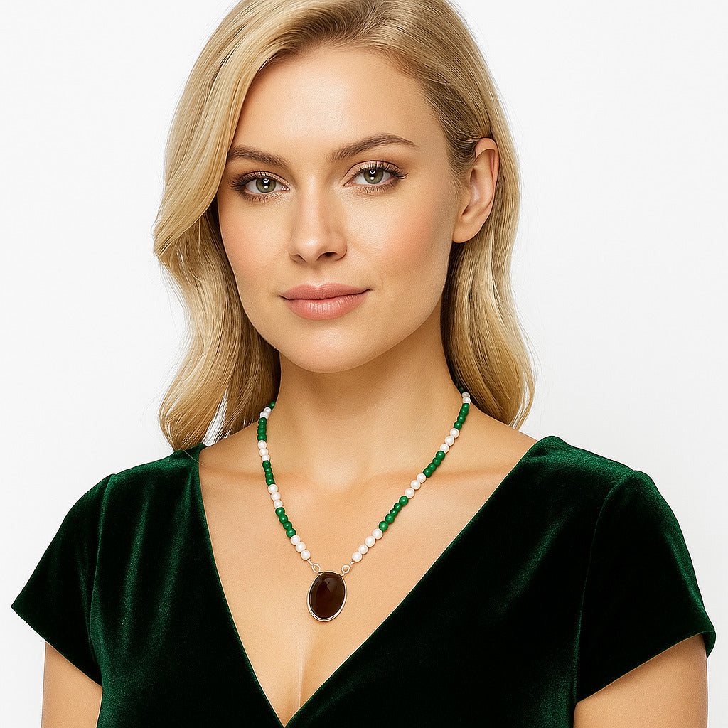 Premium Smoky Quartz Cab, Nephrite Jade, Pearl Beaded Necklace N-1027 17-EN10053