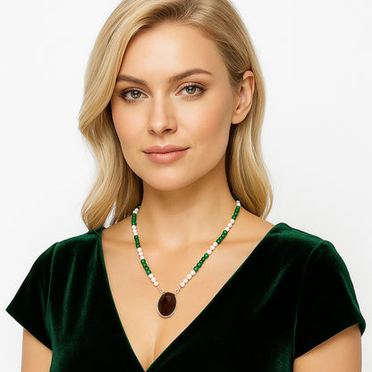 Premium Smoky Quartz Cab, Nephrite Jade, Pearl Beaded Necklace N-1027 17-EN10053