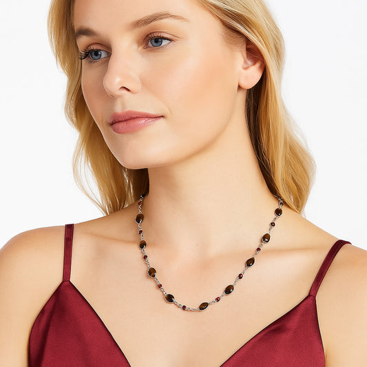 Premium Smoky Quartz Checker Briolette & Garnet Necklace N-1024 17-EN10054