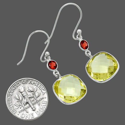 Premium Lemon Quartz Checker Briolette & Garnet Earrings E-1002 19-EE10222