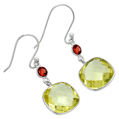 Premium Lemon Quartz Checker Briolette & Garnet Earrings E-1002 19-EE10222