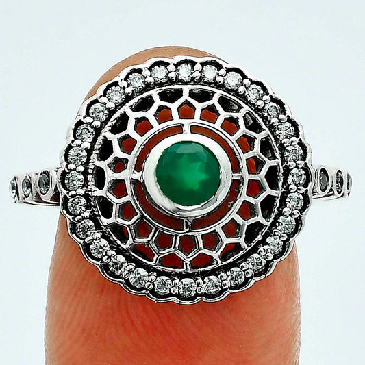 Premium Green Onyx & White Zircon Ring size-8.5 R-1735 21-ER10293