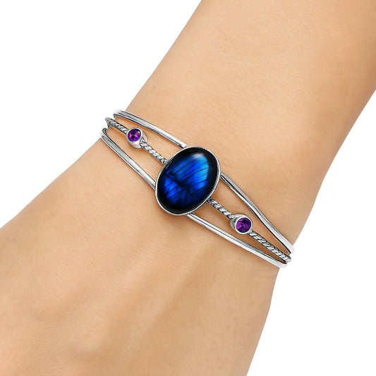 Premium Blue Labradorite & Amethyst Cuff Bangle Bracelet B-1011 24-EB10103