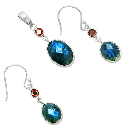 Premium Quality Blue Labradorite & Garnet Pendant Earrings Set T-1010 24-ET10022