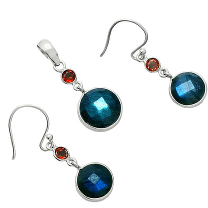 Premium Quality Blue Labradorite & Garnet Pendant Earrings Set T-1010 24-ET10023