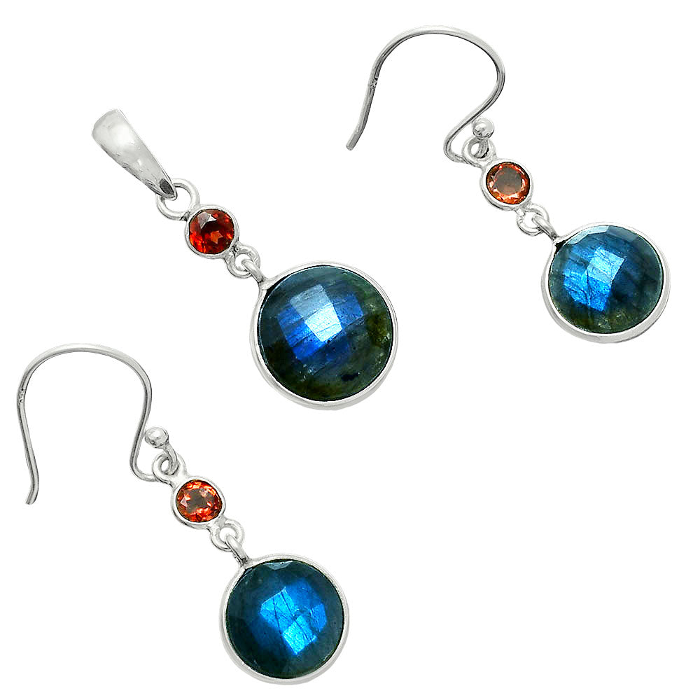Premium Quality Blue Labradorite & Garnet Pendant Earrings Set T-1010 24-ET10024