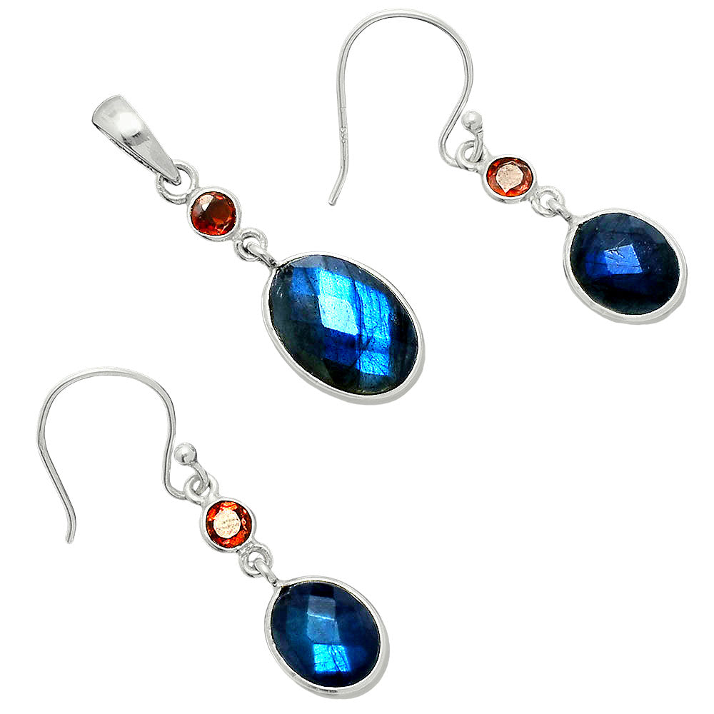 Premium Quality Blue Labradorite & Garnet Pendant Earrings Set T-1010 24-ET10025