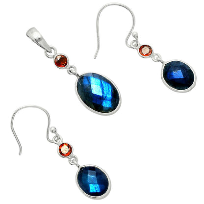 Premium Quality Blue Labradorite & Garnet Pendant Earrings Set T-1010 24-ET10025