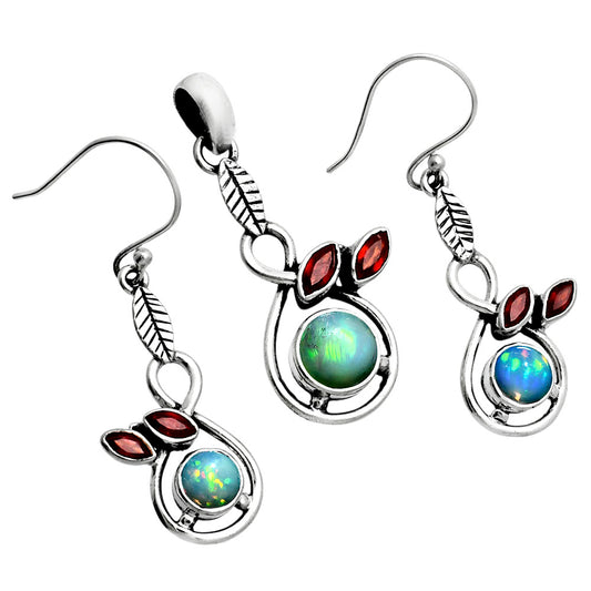 Premium Ethiopian opal & Garnet Pendant Earrings Set T-1013 25-ET10033