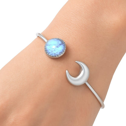 Premium Crescent Moon - Rainbow Moonstone Cuff Bangle Bracelet B-1046 26-EB10128