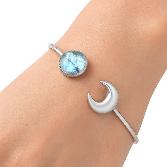 Premium Crescent Moon - Rainbow Moonstone Cuff Bangle Bracelet B-1046 26-EB10130
