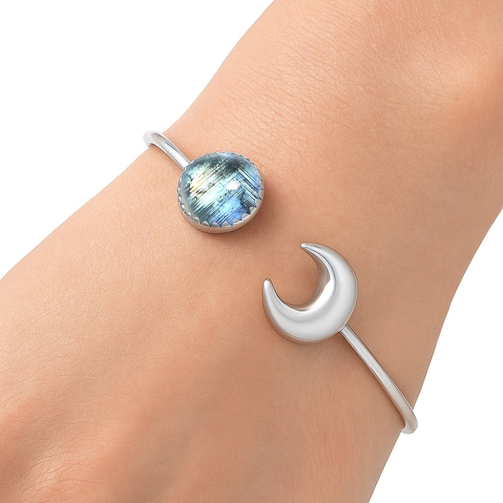 Premium Crescent Moon - Rainbow Moonstone Cuff Bangle Bracelet B-1046 26-EB10131