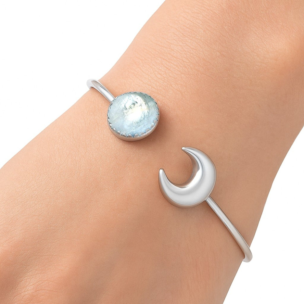 Premium Crescent Moon - Rainbow Moonstone Cuff Bangle Bracelet B-1046 26-EB10132