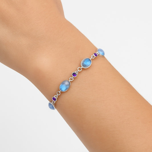 Premium Quality Rainbow Moonstone - India & Amethyst Bracelet B-1006 26-EB10137
