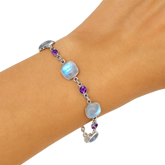 Premium Quality Rainbow Moonstone - India & Amethyst Bracelet B-1006 26-EB10140