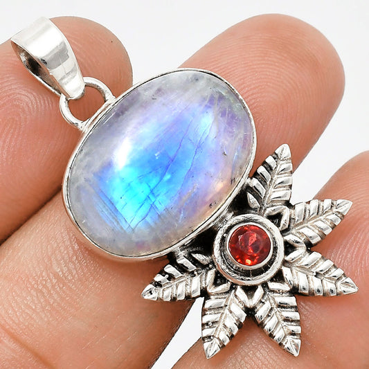 Premium Quality Rainbow Moonstone - India & Garnet Pendant P-1425 26-EP10125
