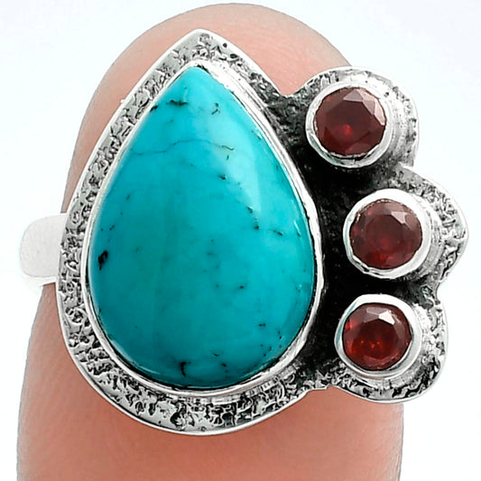 Premium Rare Turquoise Nevada Aztec Mt & Garnet Ring size-7 R-1655 27-ER11146
