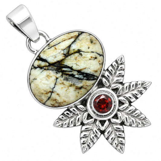 Premium Authentic White Buffalo Turquoise & Garnet Pendant P-1425 28-EP10141