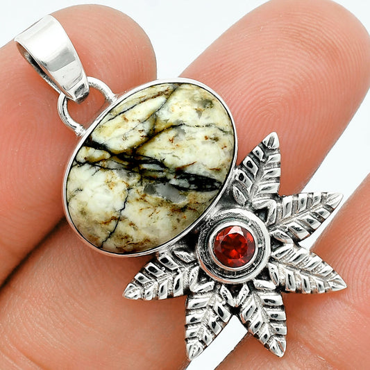 Premium Authentic White Buffalo Turquoise & Garnet Pendant P-1425 28-EP10141