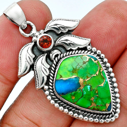 Premium Blue Turquoise In Green Mohave - USA & Garnet Pendant P-1740 29-EP10144