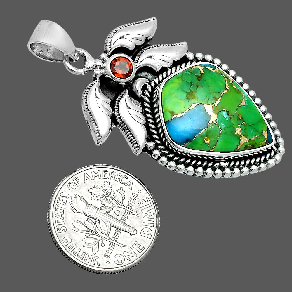 Premium Blue Turquoise In Green Mohave - USA & Garnet Pendant P-1740 29-EP10144