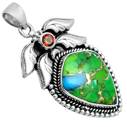 Premium Blue Turquoise In Green Mohave - USA & Garnet Pendant P-1740 29-EP10144