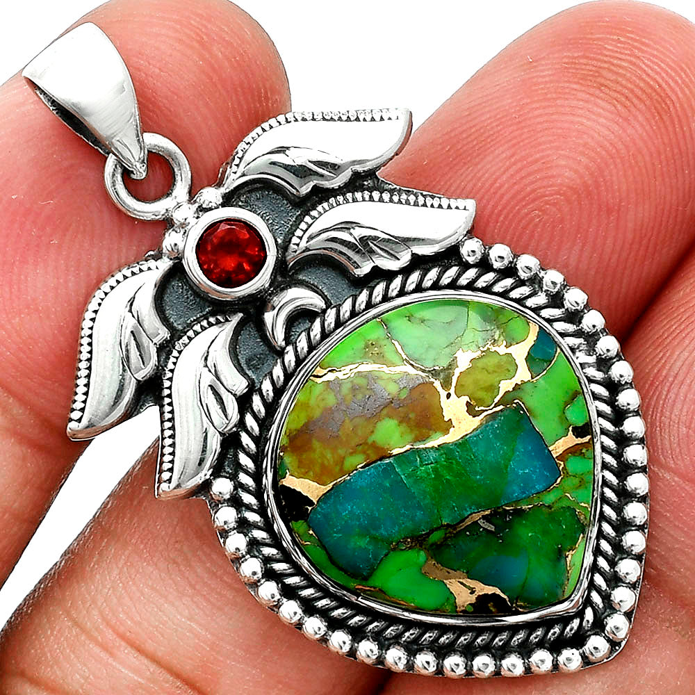 Premium Blue Turquoise In Green Mohave - USA & Garnet Pendant P-1740 29-EP10145