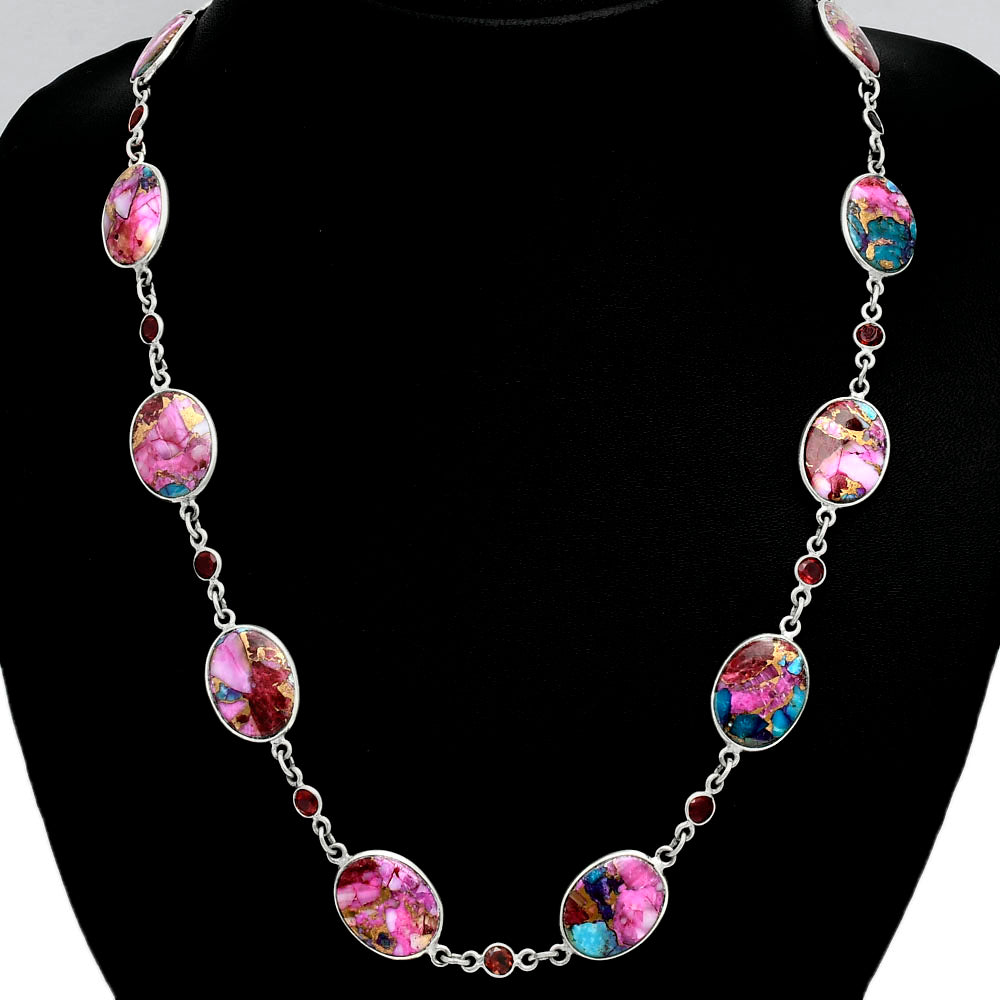 Premium Quality Kingman Pink Dahlia Turquoise, Garnet Necklace N-1024 30-EN10091