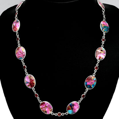 Premium Quality Kingman Pink Dahlia Turquoise, Garnet Necklace N-1024 30-EN10091