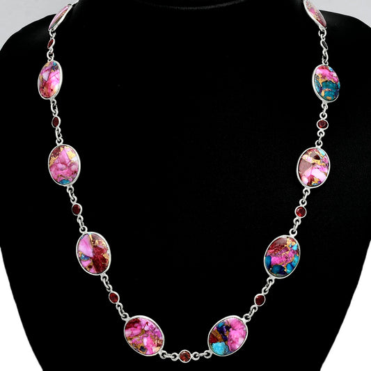Premium Quality Kingman Pink Dahlia Turquoise, Garnet Necklace N-1024 30-EN10091