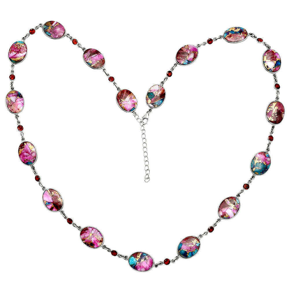 Premium Quality Kingman Pink Dahlia Turquoise, Garnet Necklace N-1024 30-EN10091
