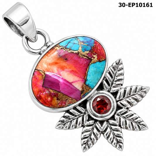 Premium Kingman Orange Dahlia Turquoise & Garnet Pendant P-1425 30-EP10161