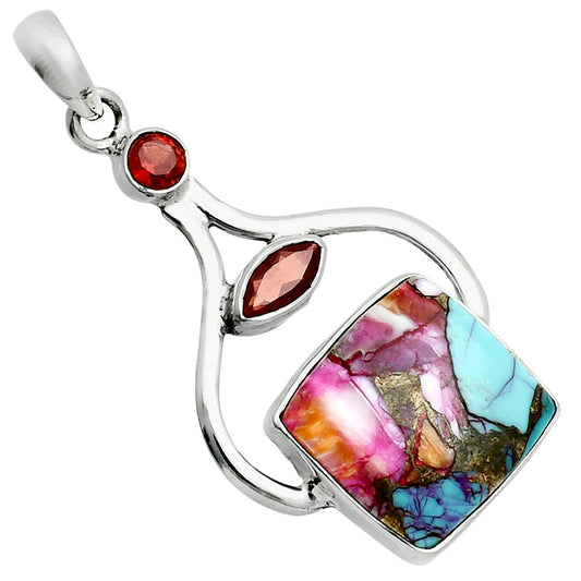 Premium Kingman Orange Dahlia Turquoise & Garnet Pendant P-1187 30-EP10163