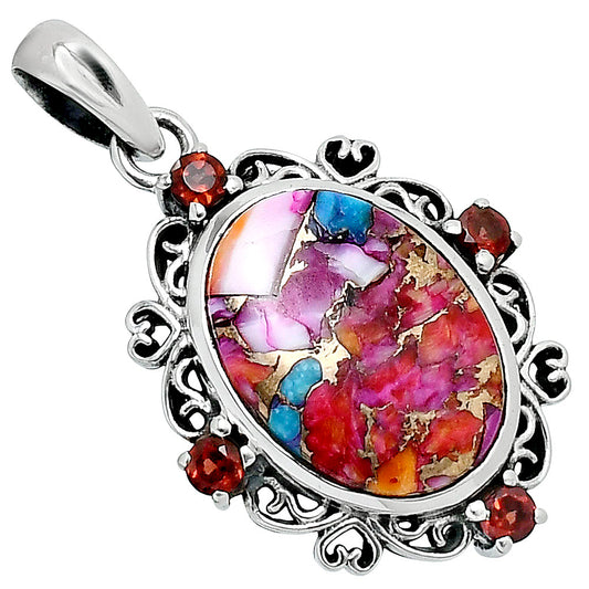 Premium Kingman Orange Dahlia Turquoise & Garnet Pendant P-1743 30-EP10167