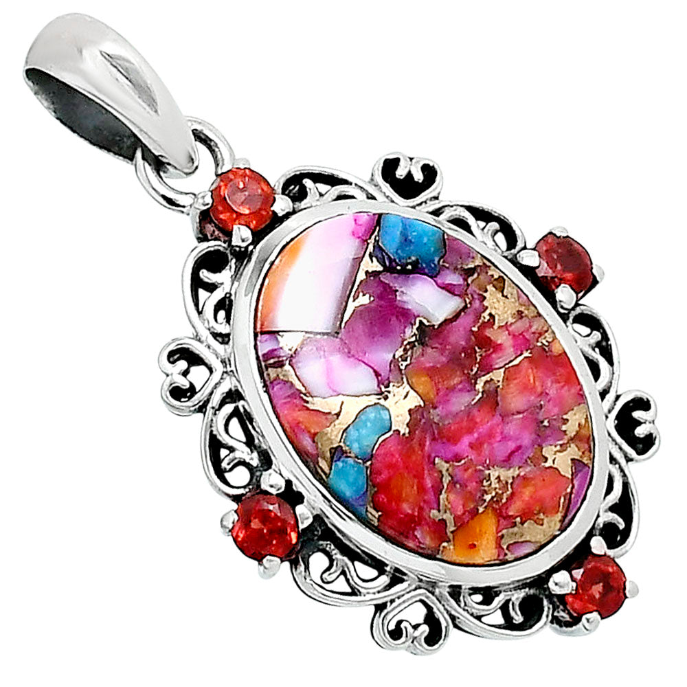 Premium Kingman Orange Dahlia Turquoise & Garnet Pendant P-1743 30-EP10167