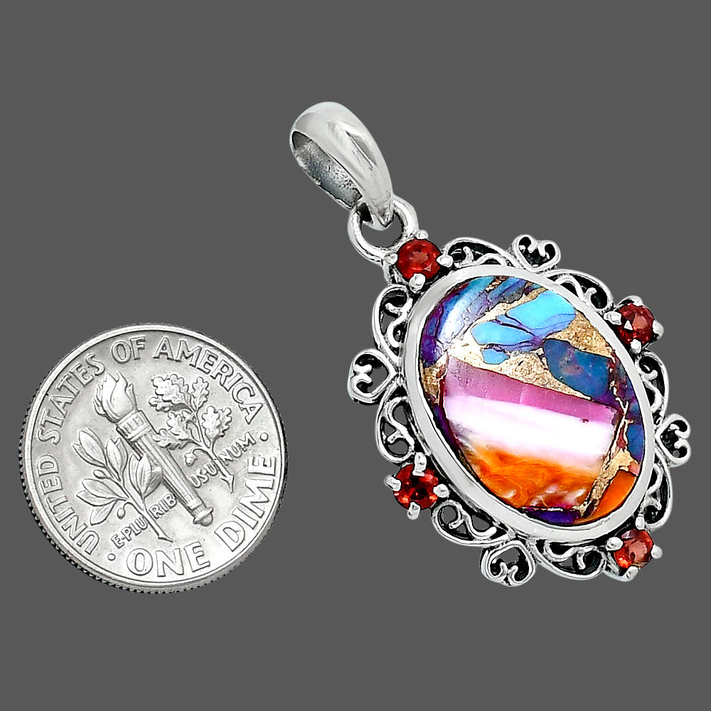 Premium Kingman Orange Dahlia Turquoise & Garnet Pendant P-1743 30-EP10169