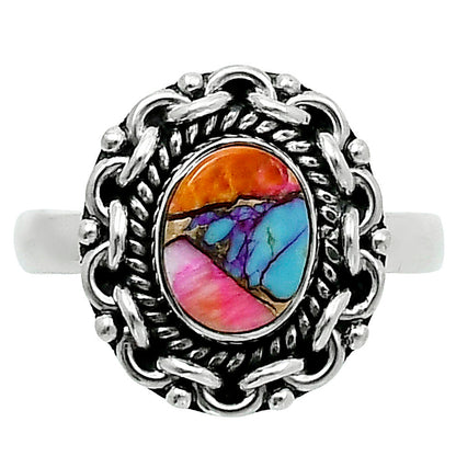 Premium Kingman Orange Dahlia Turquoise Ring size-9 R-1667 30-ER11717