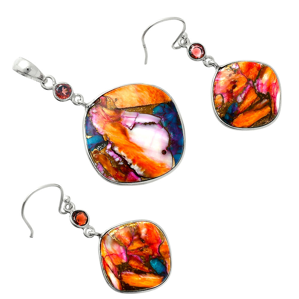 Kingman Orange Dahlia Turquoise & Garnet Pendant Earrings Set T-1010 30-ET10053