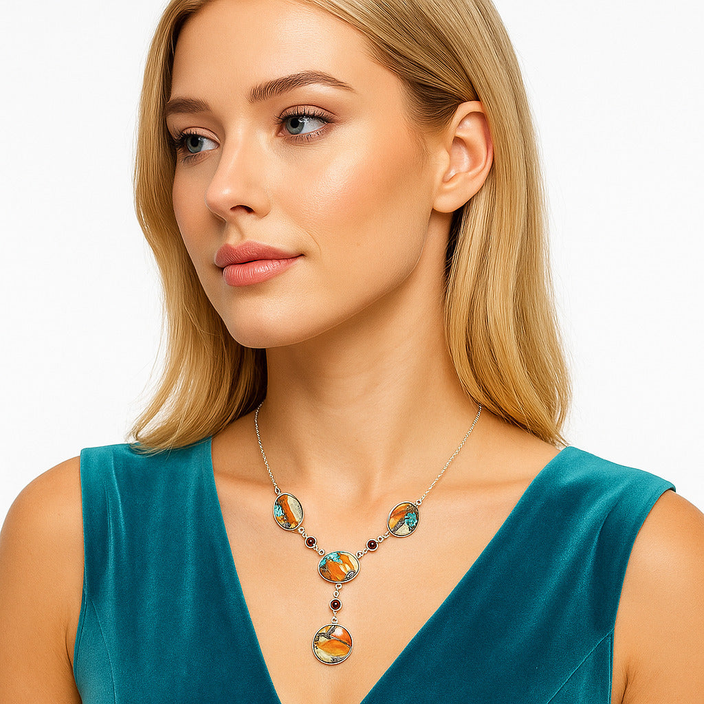 Premium Quality Spiny Oyster Turquoise & Garnet Necklace N-1023 32-EN10099