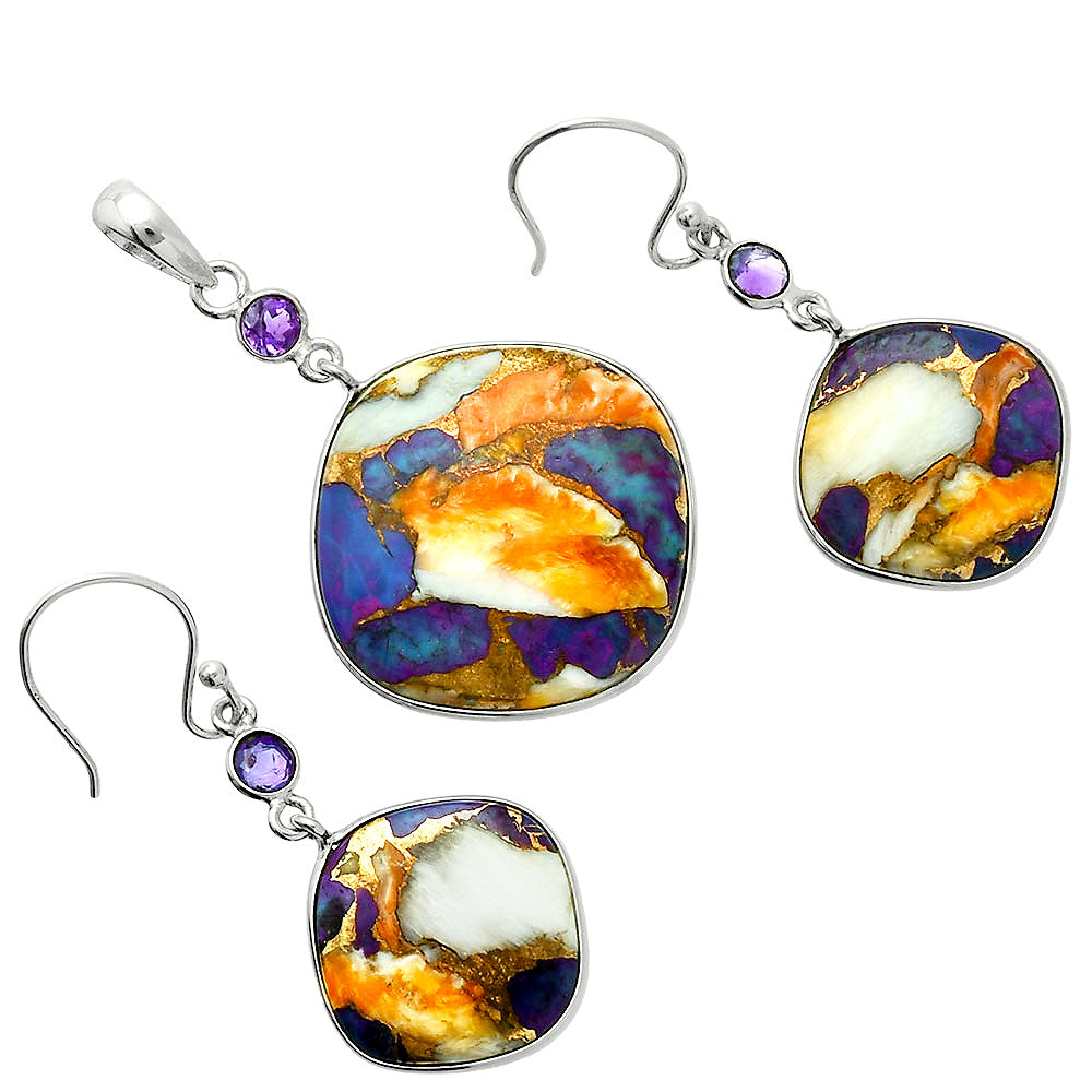 Premium Spiny Oyster Turquoise & Amethyst Pendant Earrings Set T-1010 32-ET10060