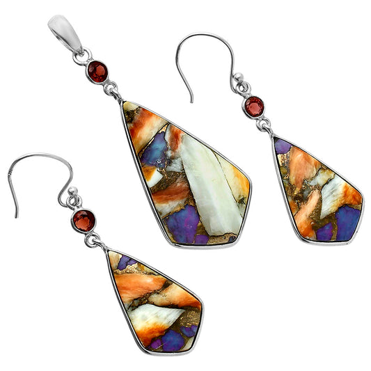 Premium Spiny Oyster Turquoise & Garnet Pendant Earrings Set T-1010 32-ET10064