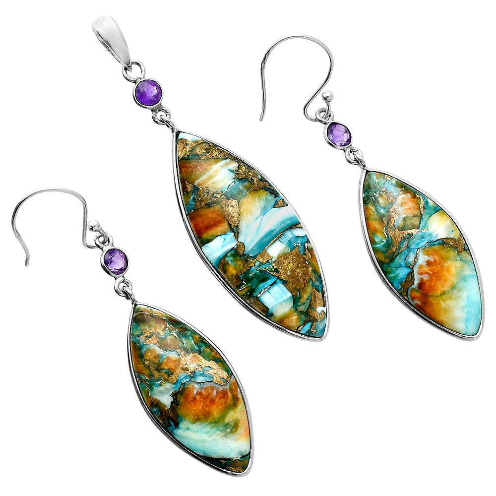 Premium Spiny Oyster Turquoise & Amethyst Pendant Earrings Set T-1010 32-ET10072
