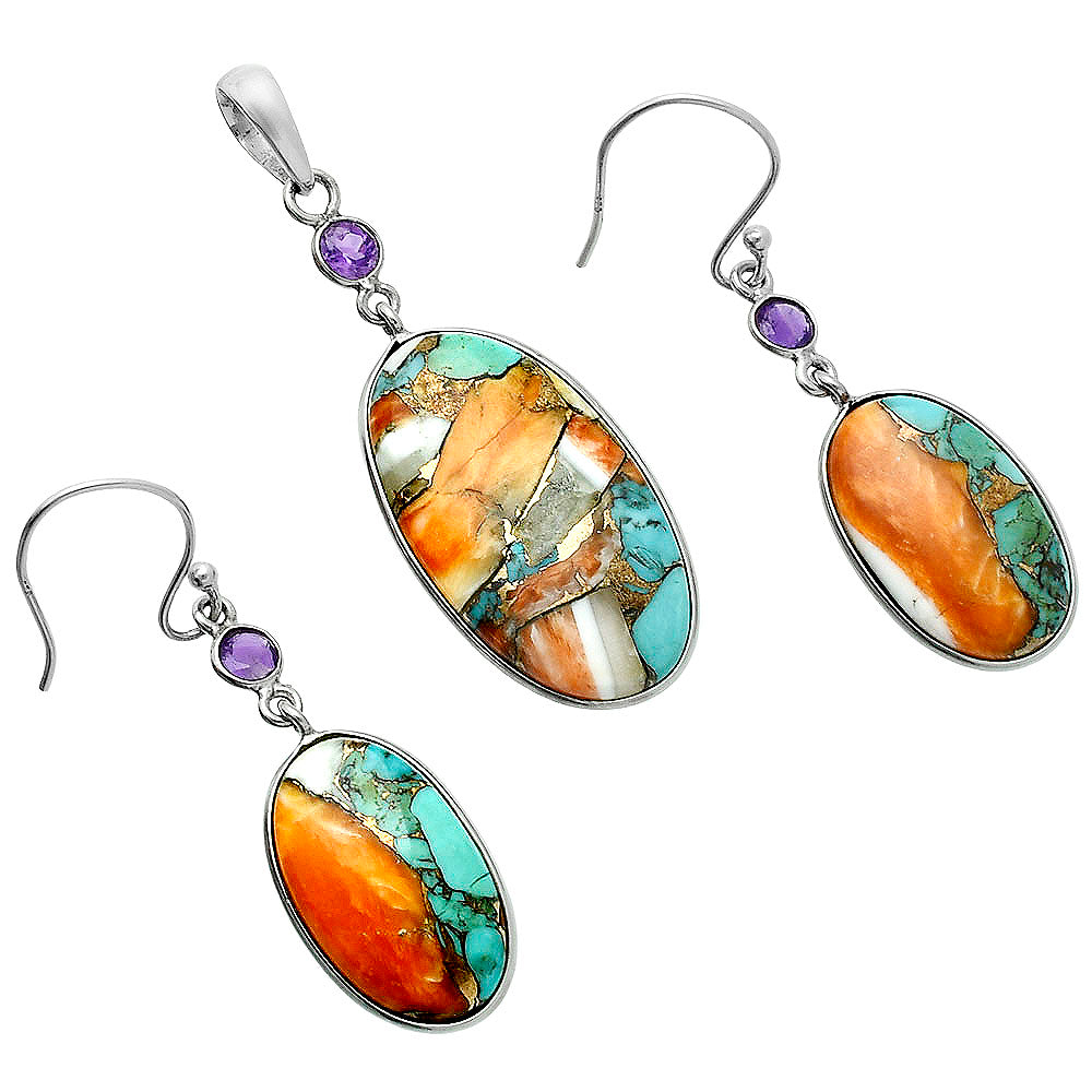 Premium Spiny Oyster Turquoise & Amethyst Pendant Earrings Set T-1010 32-ET10078