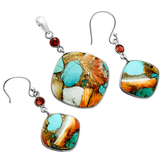 Premium Spiny Oyster Turquoise & Garnet Pendant Earrings Set T-1010 32-ET10081