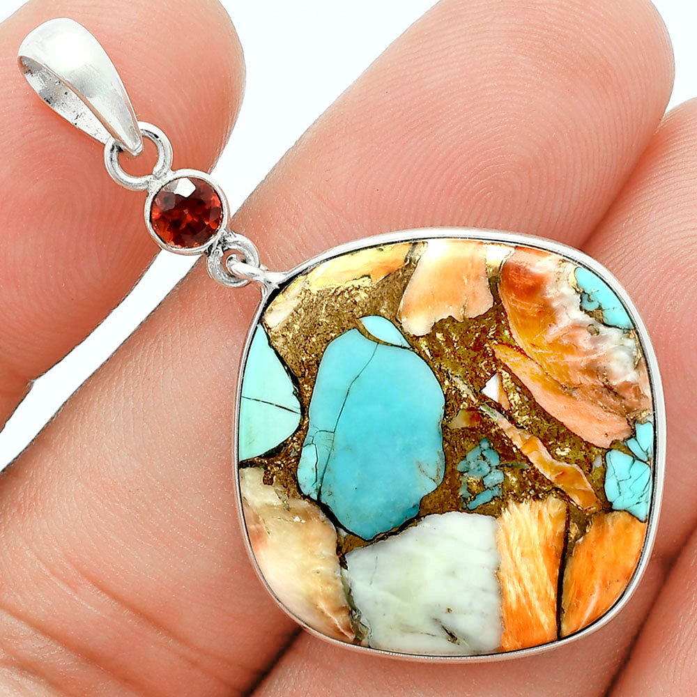 Premium Spiny Oyster Turquoise & Garnet Pendant Earrings Set T-1010 32-ET10081