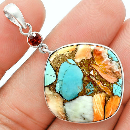 Premium Spiny Oyster Turquoise & Garnet Pendant Earrings Set T-1010 32-ET10081